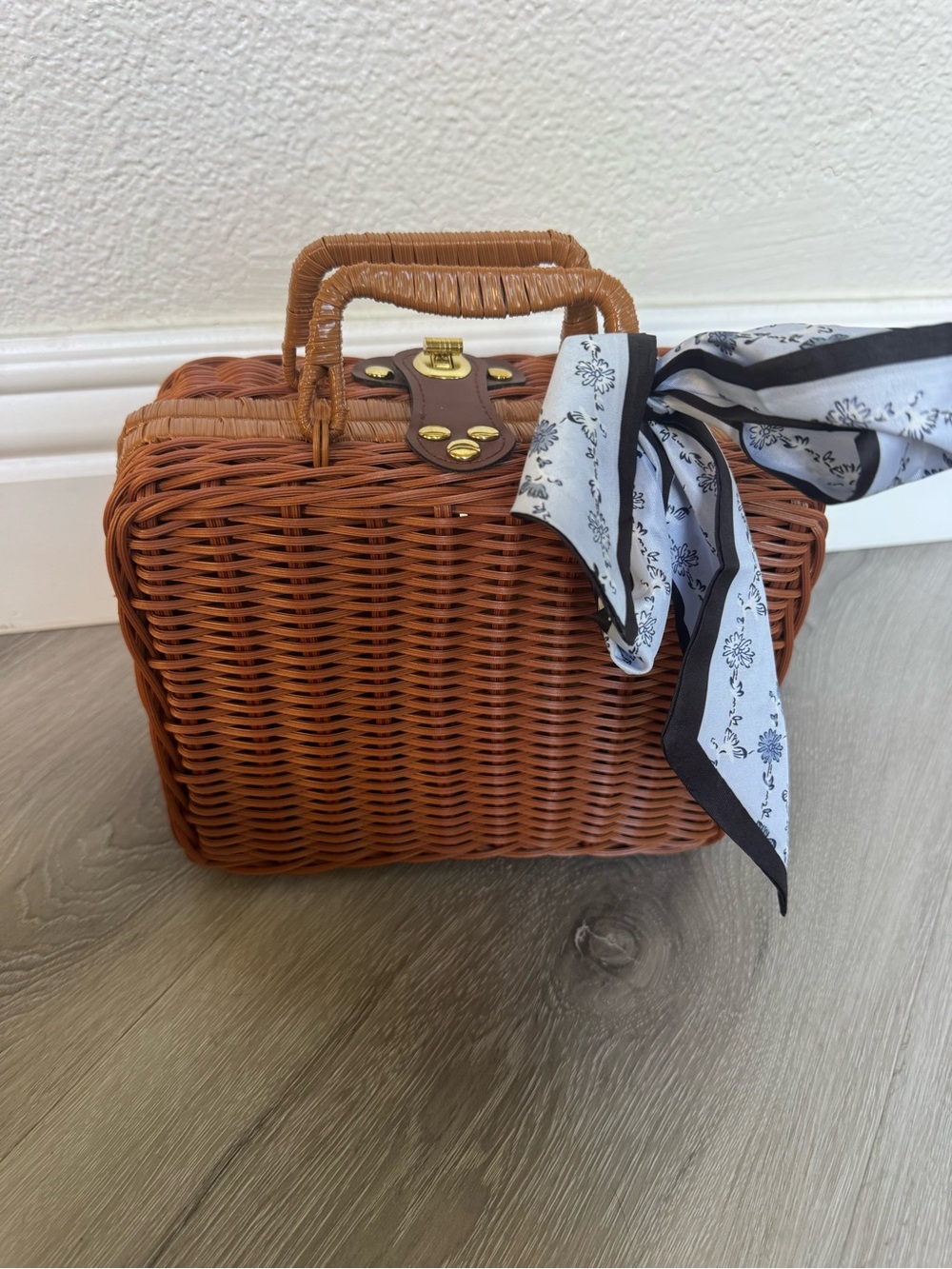 Woven Rattan Handbag or Picnic Basket in Brown with Scarf